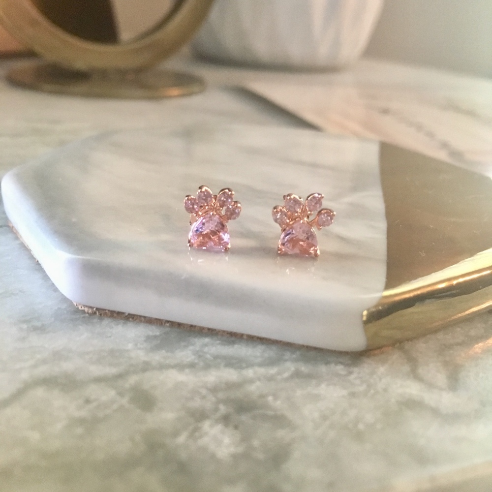 Paw Print CZ Rose Gold Animal Pet Love Earrings - Picture 6 of 9